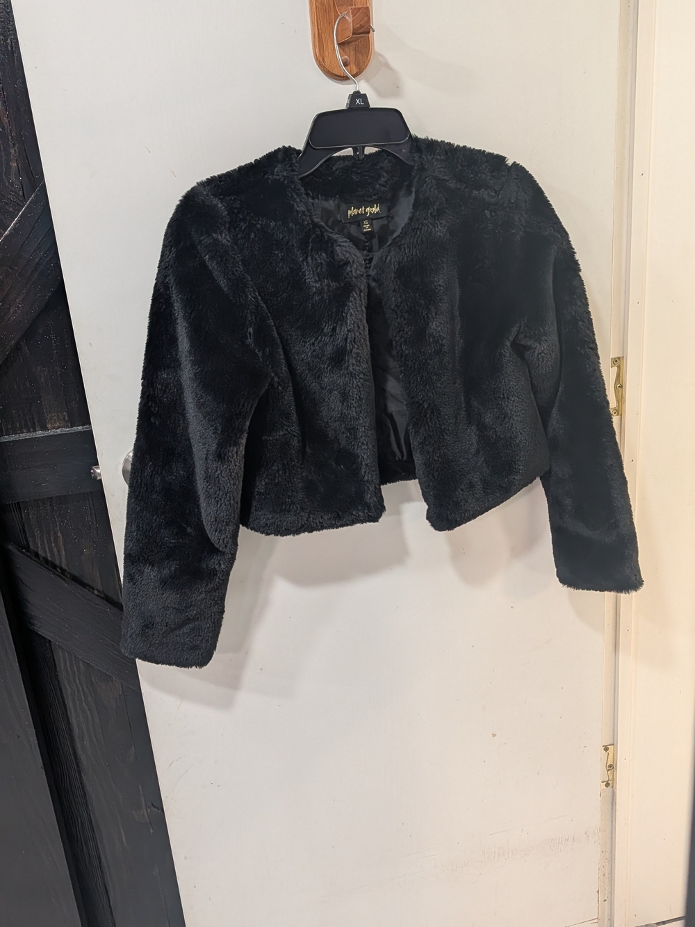 Planet Gold Black Faux Fur Cropped Jacket